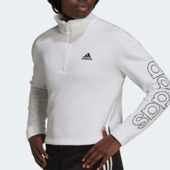 adidas Tops - Adidas Sweater Womens White Crop Top Pullover Fleece Sweatshirt Sz.2XL